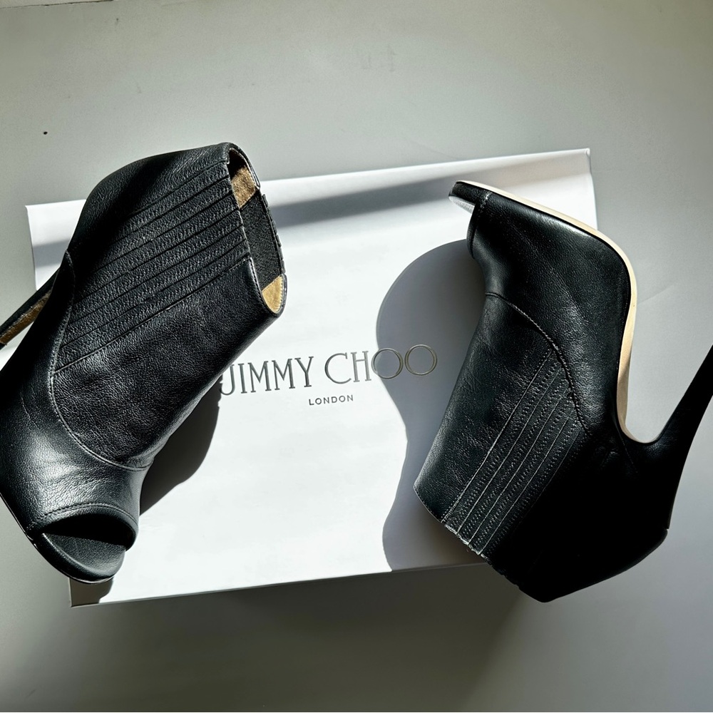 Jimmy Choo Bolt Peep Toe Black Booties 120mm